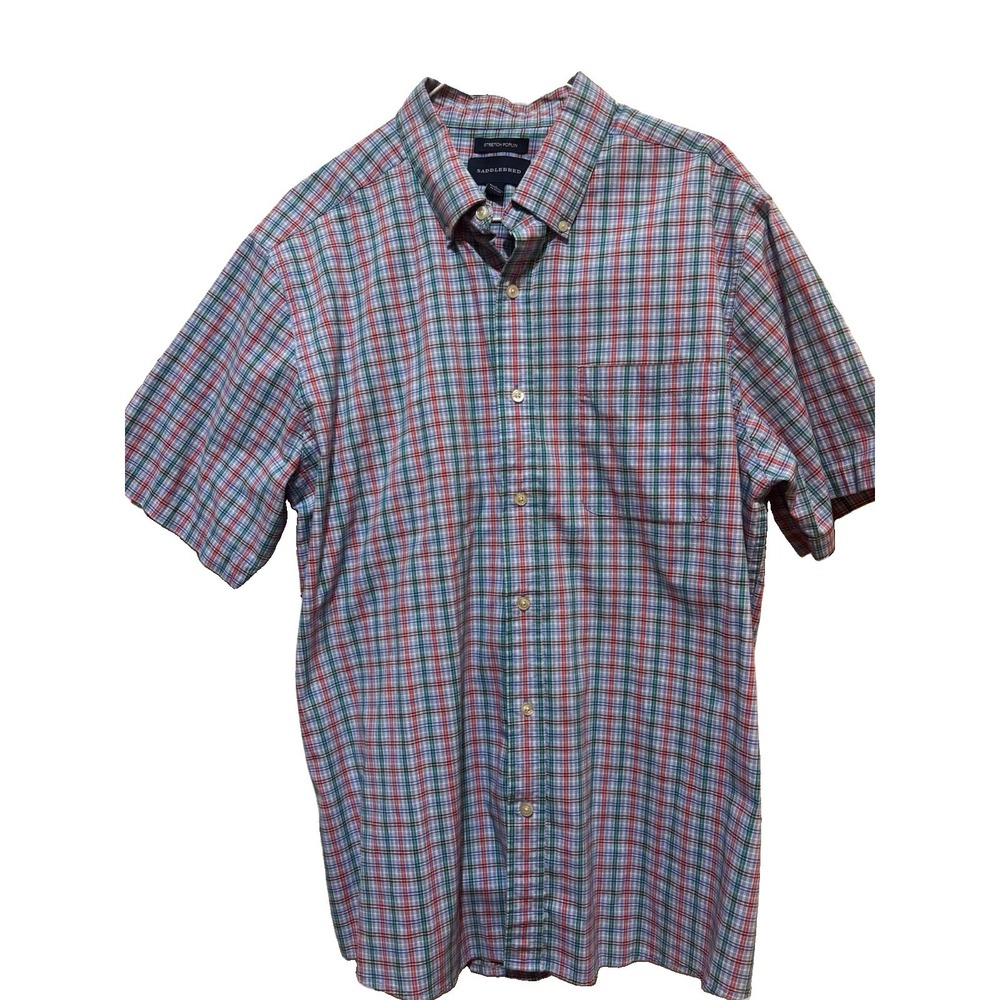 Saddlebred Mens XL Plaid Poplin Stretch Short Sleeve Button Up Shirt